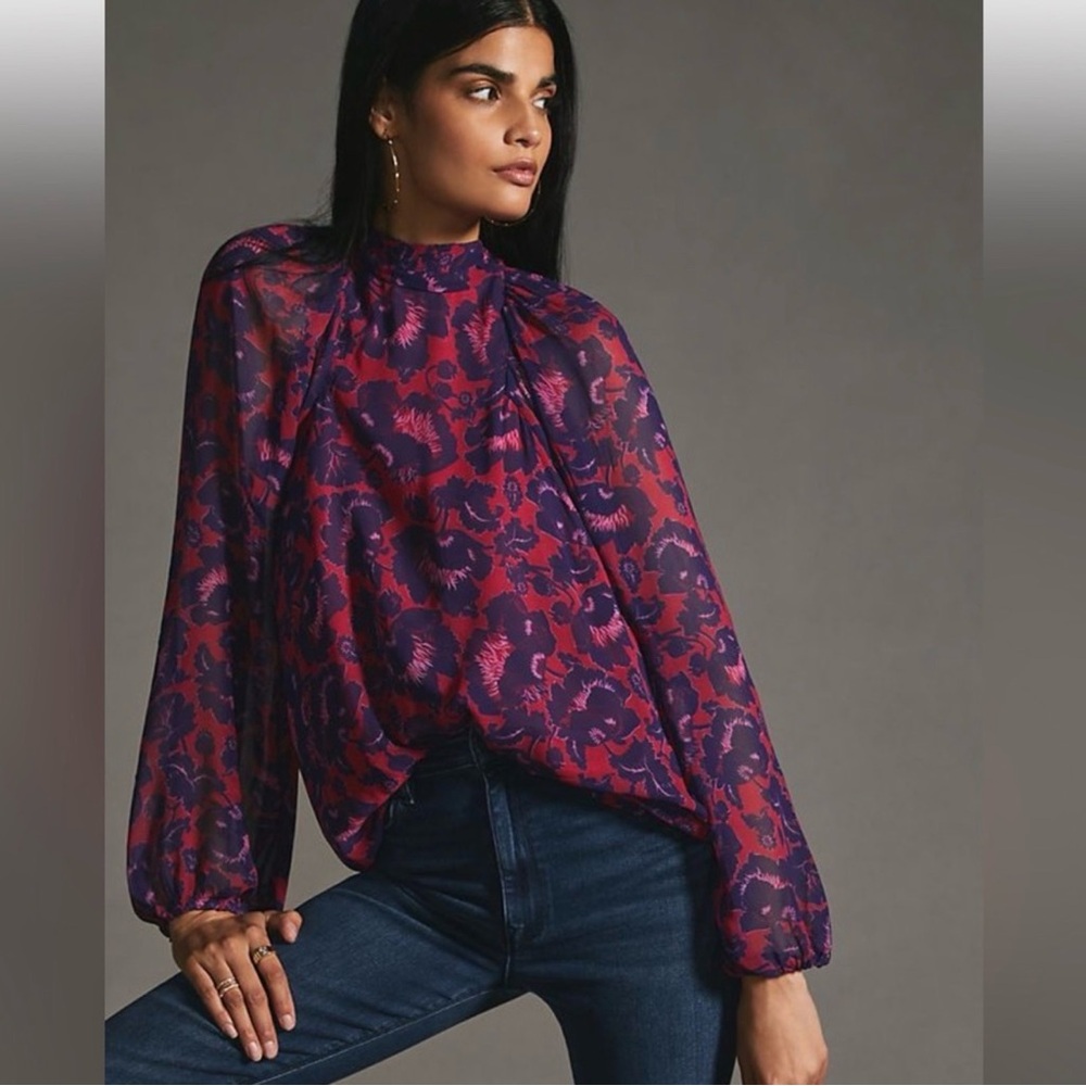 Anthropologie MAEVE Sheer Tunic Blouse, Red Motif, Size small‎